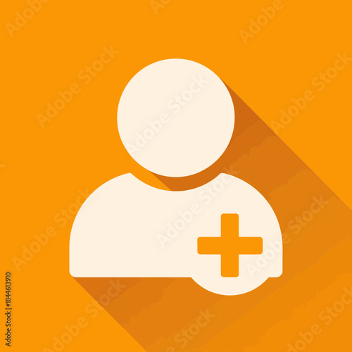 A white user icon with a plus symbol on orange background