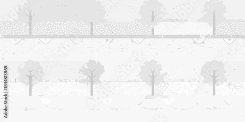 A grayscale illustration showing a retaining wall with trees and a fence