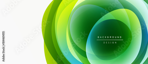 Abstract green layers create dynamic circular design. White space balances vibrant color scheme. Modern aesthetic.