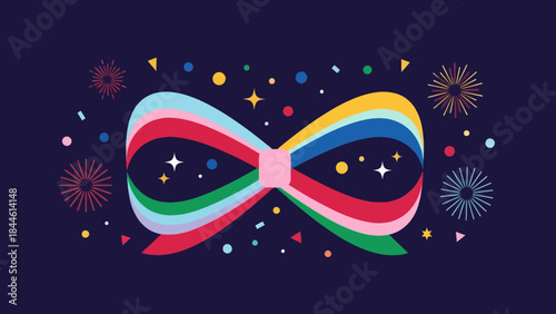 Festive colorful bow with confetti and fireworks celebrating event