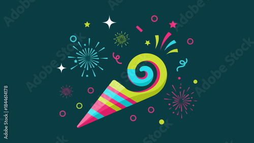 Vibrant celebration with colorful confetti and swirling party hat design