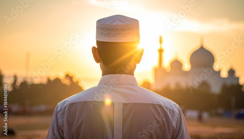 Muslim Man Praying with Beautiful Morning Sunlight