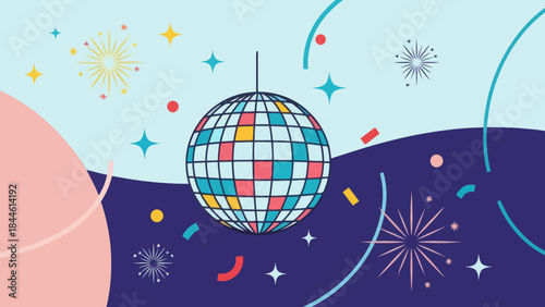 Vibrant disco ball surrounded by colorful confetti and fireworks in