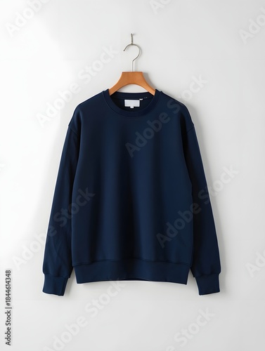 Navy blue crewneck sweatshirt mockup hanging on wooden hanger