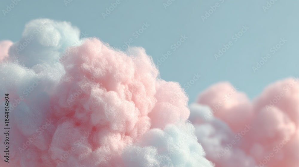 Fototapeta premium Close-up of a group of fluffy clouds in a light blue sky. the clouds are in various shades of pink and white, with some being lighter and others being darker.