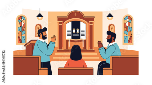 Jewish prayer inside synagogue illustrated in modern flat vector style, respectful spiritual atmosphere, ideal for religion, culture, and educational content