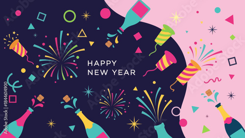 Colorful New Year Celebration with Fireworks and Party Favors