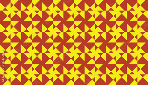 Seamless geometric pattern with repeating pinwheel shapes in red and yellow.