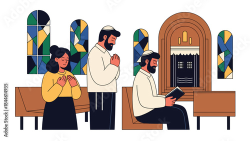 Jewish prayer inside synagogue illustrated in modern flat vector style, respectful spiritual atmosphere, ideal for religion, culture, and educational content