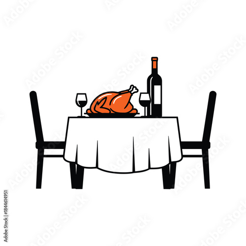 Dinner table with roasted turkey and wine