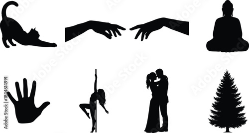 Diverse Vector Silhouette Icon Collection: Cat, Buddha, Creation of Adam Hands, Handprint, Pole Dancer, Romantic Couple, Pine Tree, Black Isolated Set for Logo, Design, Sticker, Tattoo.