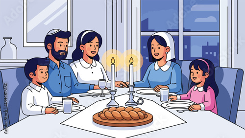 Jewish family celebrating Shabbat dinner together at home, warm and spiritual flat vector illustration, ideal for family, tradition, and religious lifestyle theme