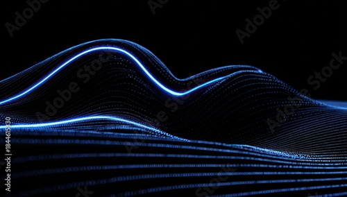 Abstract digital landscape of flowing lines in vibrant blue against black