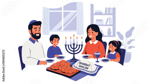 Jewish family celebrating Shabbat dinner together at home, warm and spiritual flat vector illustration, ideal for family, tradition, and religious lifestyle theme