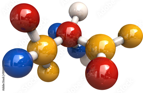 varsity-style cartoon of a single molecule, in colors of red, white, blue, and yellow, with a transparent background.