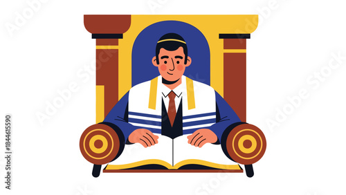 Rabbi reading Torah during Jewish religious service, modern flat vector illustration showing devotion and learning, ideal for education and faith-based content