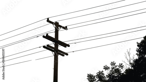 Utility pole with multiple power lines, electricity distribution infrastructure, urban energy supply, rural electrical network, silhouette design, clear white sky background
