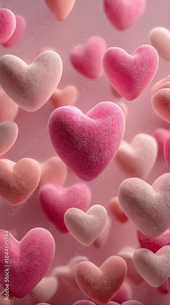 Obraz premium Close-up macro photography of velvety, textured hearts in pink and cream tones floating in the air. A bright pink heart pops in the foreground against a softly blurred pastel background
