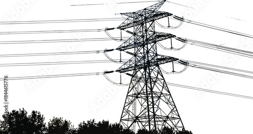 High voltage transmission tower, electricity pylon structure, power lines above trees, energy distribution infrastructure, industrial engineering design, electrical grid system