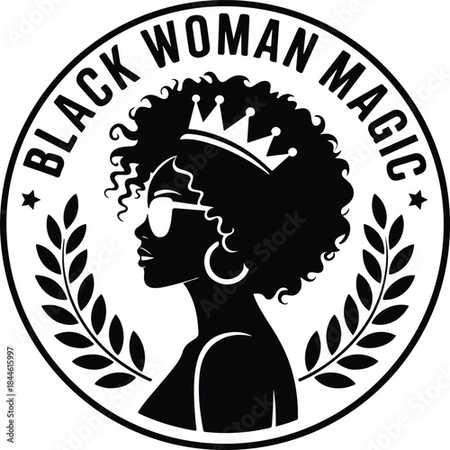 Black Woman Magic Afro Queen Silhouette Side Profile Vector.
