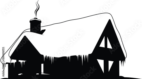 Black and white silhouette of a cozy winter cottage covered in snow with smoke gently rising from the chimney stack