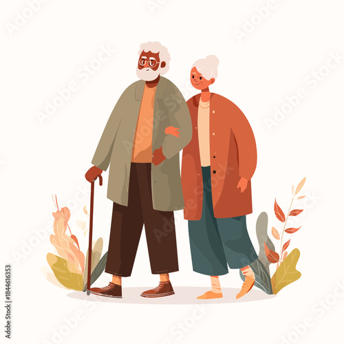 Elderly couple in coats walking together with walking stick