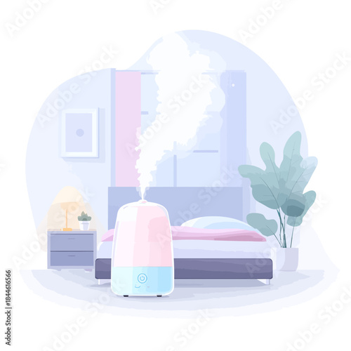 Humidifier emitting vapor in a bedroom with plant and bed