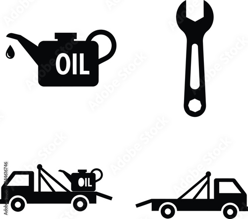Car maintenance service vector icons set, automotive repair pictograms for towing, oil change, tire fitting, and washing.