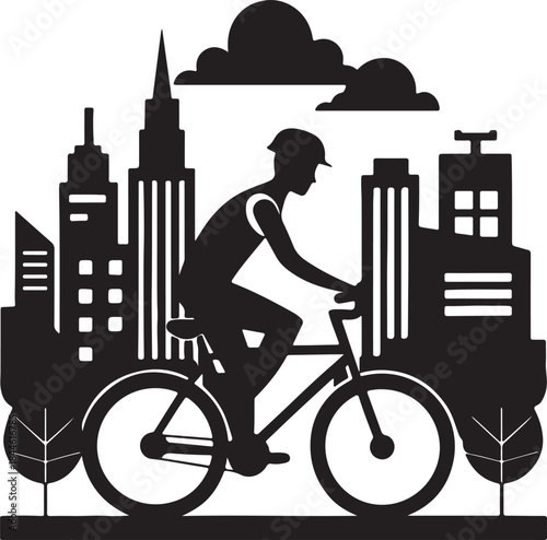 Cyclist commuting on an eco-bike through a modern