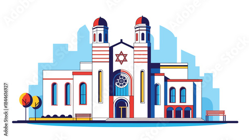 Jewish synagogue exterior with Star of David symbol, modern flat vector illustration, ideal for cultural identity, religion, and architecture visuals