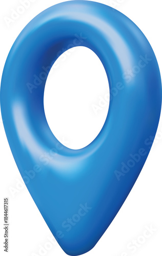 3D geolocation pin icon, blue, side view, location coordinates.