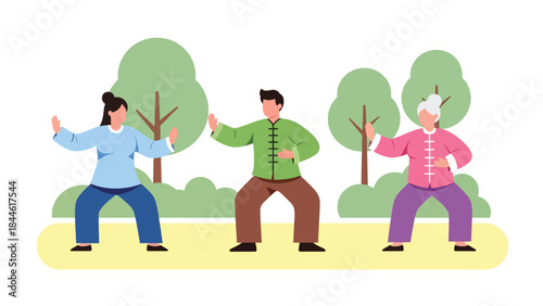 Taoist-inspired Tai Chi practice illustrated in modern flat vector style, flowing movements and balance, ideal for wellness, health, and mindfulness themes