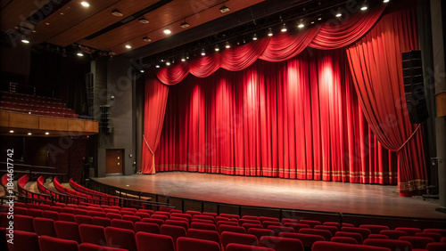 Empty theater stage with red curtains and seats, ready for performance or event