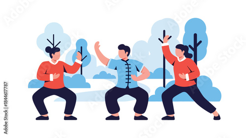 Taoist-inspired Tai Chi practice illustrated in modern flat vector style, flowing movements and balance, ideal for wellness, health, and mindfulness themes