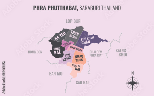 Map showing Phra Phutthabat District Saraburi Thailand divided into sub-districts with minimalist colorful patterns