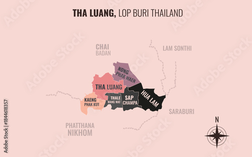 Map showing Tha Luang District Lop Buri Thailand divided into sub-districts with minimalist colorful patterns