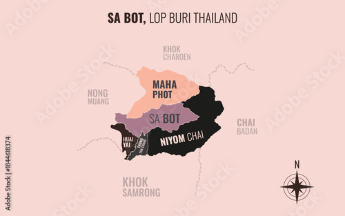 Map showing Sa Bot District Lop Buri Thailand divided into sub-districts with minimalist colorful patterns