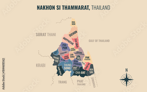 A map showing Nakhon Si Thammarat Thailand divided into districts in a minimalist colorful style