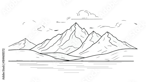 Outline Sketch of Mountain Range Peaks and Foothills Isolated Vector Illustration