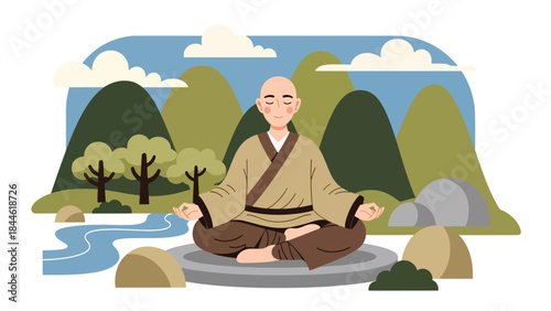 Taoist meditation practice in peaceful nature setting, modern flat vector illustration showing balance and inner calm, ideal for wellness, spirituality, and mindfulness content