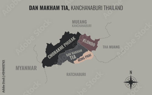 Map showing Dan Makham Tia District Kanchanaburi Thailand divided into sub-districts with minimalist colorful patterns