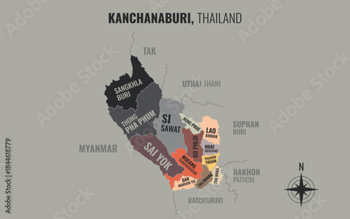 A map showing Kanchanaburi Thailand divided into districts in a minimalist colorful style
