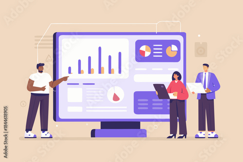 Team discussing data analysis and presentation on a large monitor screen