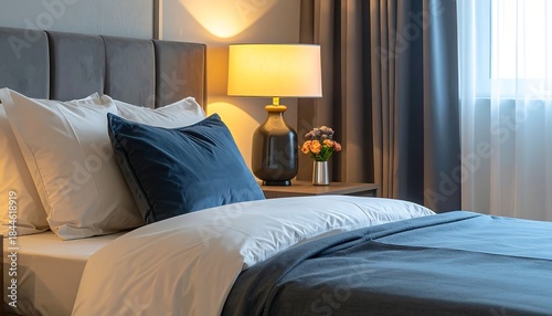 Cozily lit bedroom scene with plush pillows, inviting bed, bedside lamp, and curtains near the bright window