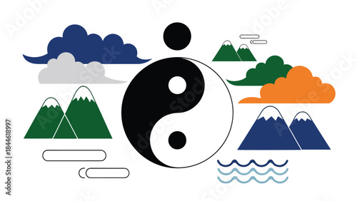 Yin yang balance concept inspired by Taoist philosophy, modern flat vector illustration with symbolic harmony, ideal for education, spirituality, and wellness design