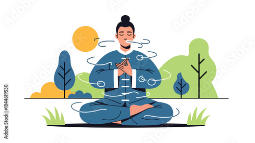 Taoist breathing and energy cultivation practice illustrated in clean flat vector style, calm posture and focus, ideal for wellness, meditation, and health education