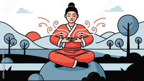 Taoist breathing and energy cultivation practice illustrated in clean flat vector style, calm posture and focus, ideal for wellness, meditation, and health education