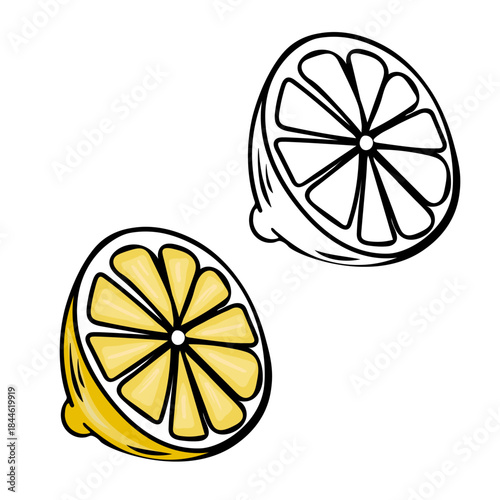 Hand-drawn Mediterranean lemon slice with bright citrus detail and matching line-art version. Fresh natural element perfect for cuisine design, recipe layout, food branding, healthy lifestyle visuals