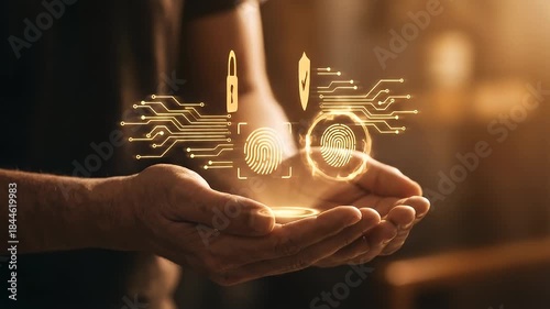 Man Holding Digital Security Icons Showing Protection Privacy and Identification With Golden Light Effect on Dark Background