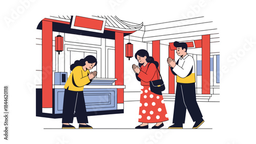 People visiting a Taoist temple in a peaceful cultural setting, modern flat vector illustration, ideal for travel, religion, and Asian culture content